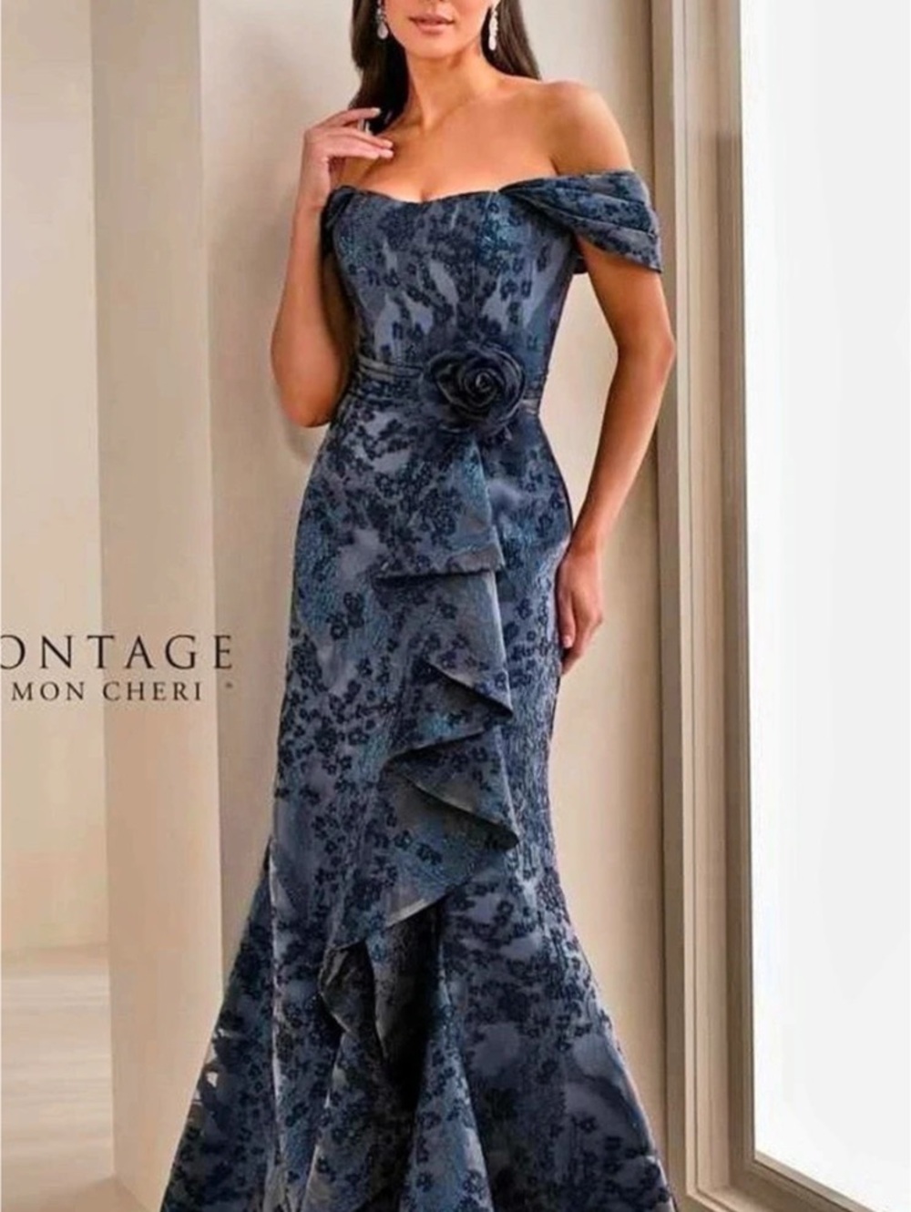 Montage by Mon Cheri M3103 Floral Maxi Dress in Blue Size 10 NWT